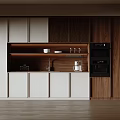 Modern Kitchen Interior With White And Wooden Cabinets Integrated Oven And Open Shelf