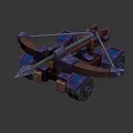 Medieval Mechanical Weapon with Wooden Brown and Blue Metal Components and Wheeled Design
