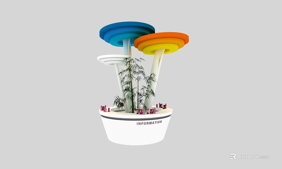 Colorful Multi layered Custom Made Display Shelves with Round Tops and Bamboo Decor 3d model 