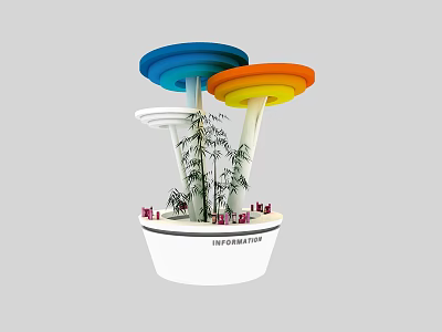 Colorful Multi layered Custom Made Display Shelves with Round Tops and Bamboo Decor 3d model