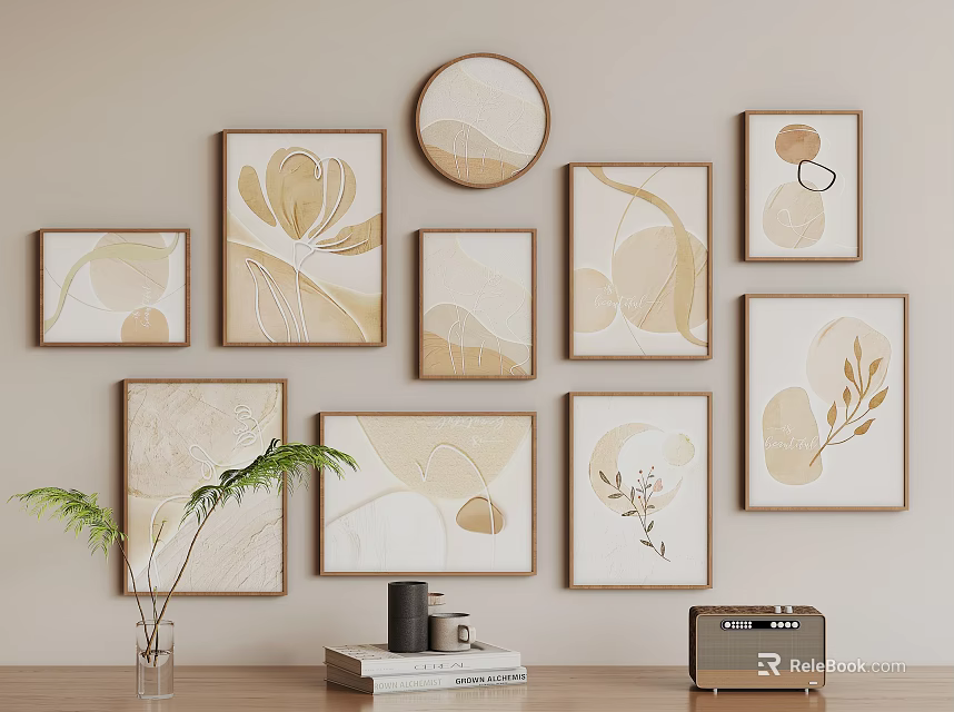 Abstract Paintings with Beige Gold Tones Botanical Elements in Varied Shaped Frames Wall Arrangement 3d model