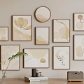Abstract Paintings with Beige Gold Tones Botanical Elements in Varied Shaped Frames Wall Arrangement 3d model