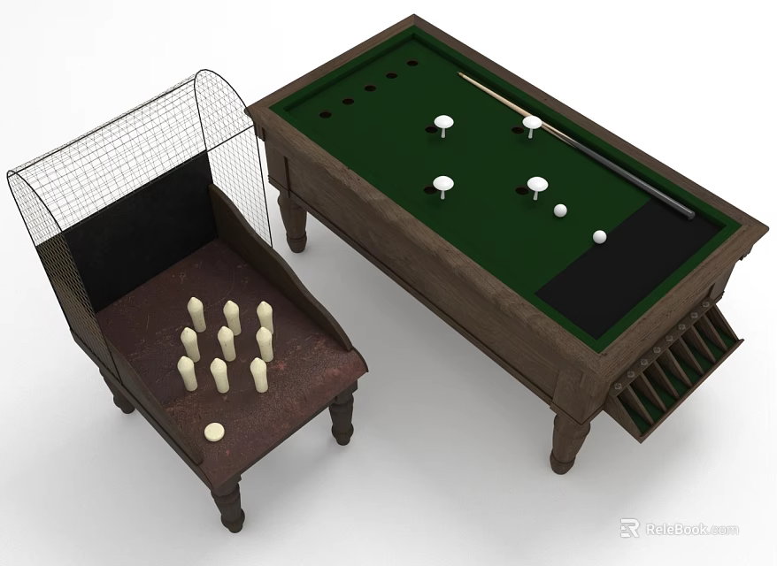 Billiard Table With Green Felt Surface Cue Stick And Side Game Table White Balls Net 3d model 