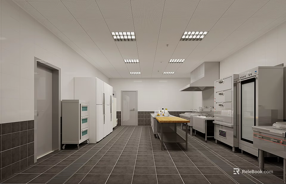 Spacious Commercial Kitchen Interior With Refrigerators Ovens Stoves And Vent Hoods 3d model 