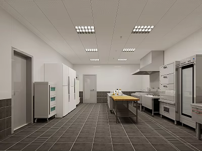 Spacious Commercial Kitchen Interior With Refrigerators Ovens Stoves And Vent Hoods 3d model