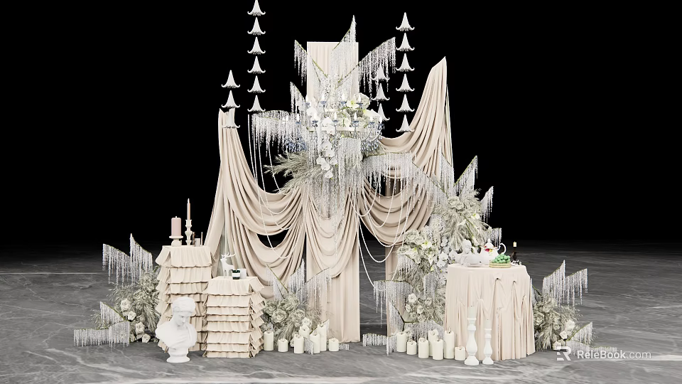 Elegant Wedding Photo Spot With White Drapery Decorative Chandeliers Fresh Flowers Candles And Cake Tower 3d model 