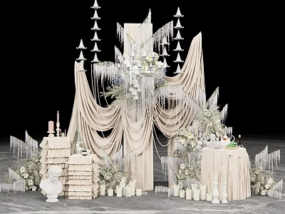 Elegant Wedding Photo Spot With White Drapery Decorative Chandeliers Fresh Flowers Candles And Cake Tower 3d model