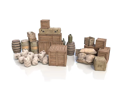 Household Storage Essentials Including Stacked Wooden Crates Barrels Boxes And Sacks 3d model