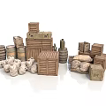 Household Storage Essentials Including Stacked Wooden Crates Barrels Boxes And Sacks