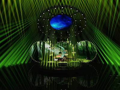 Enchanting Stage Featuring Green Laser Beams Blue Circular Screen Forest Background and Reflective Base 3d model