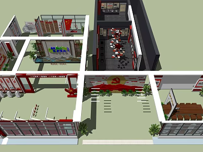 Exhibition Layout Design With Multiple Zones Red White Structures Green Plants And Display Areas 3d model