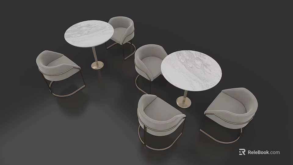 Modern Round Meeting Tables And Chairs With Marble Tops Light Gray Seats Metal Legs 3d model 