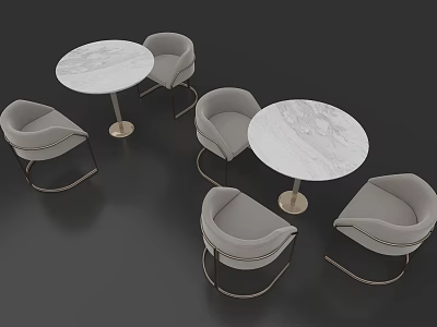 Modern Round Meeting Tables And Chairs With Marble Tops Light Gray Seats Metal Legs 3d model