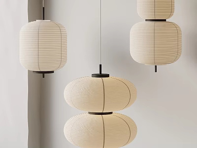 Japanese Style Layered Paper Lantern Chandeliers With White Shades And Black Frames Hanging On Wall 3d model