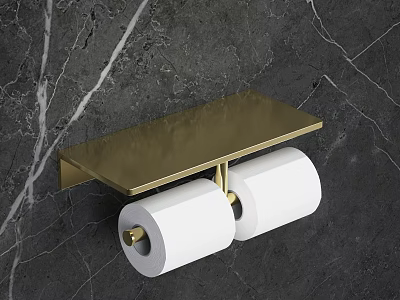 Golden Bathroom Cabinet Rack With Double Toilet Paper Rolls And Marble Wall Design 3d model