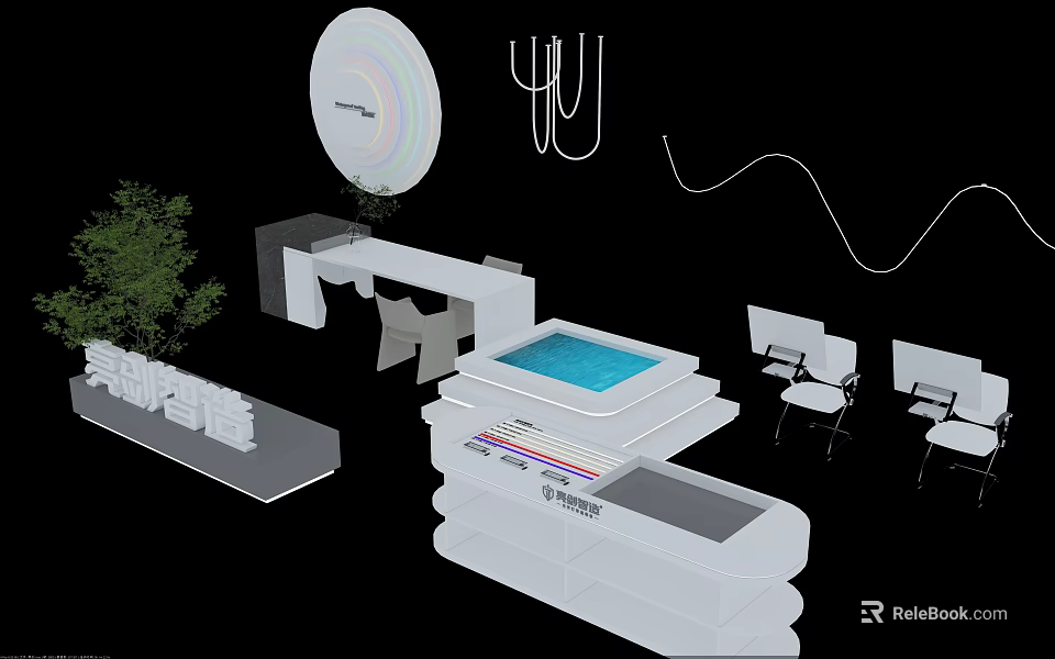 Modern Exhibition Booth Setup With White Structure Display Counter Seating And Green Plant 3d model 
