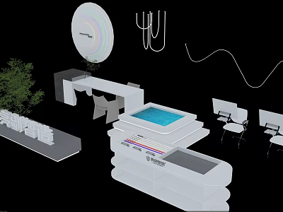 Modern Exhibition Booth Setup With White Structure Display Counter Seating And Green Plant 3d model