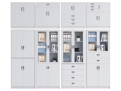 White Office Storage Cabinets With Drawers Folders Books And Small Plants 3d model