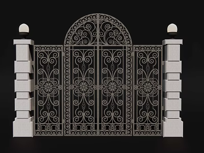 Ornate Wrought Iron Gate With Intricate Scroll Designs White Stone Pillars And Spherical Top Lamps 3d model