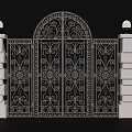 Ornate Wrought Iron Gate With Intricate Scroll Designs White Stone Pillars And Spherical Top Lamps