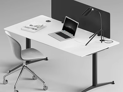Modern White Office Desk With Laptop Desk Lamp Ergonomic Chair And Black Panel 3d model