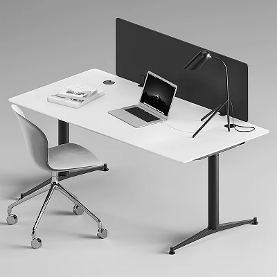 Modern White Office Desk With Laptop Desk Lamp Ergonomic Chair And Black Panel 3d model