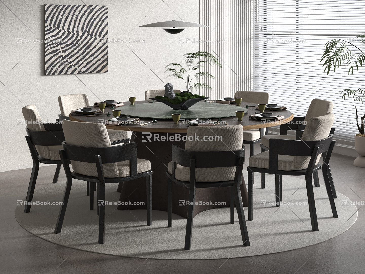 New Chinese-style Round Dining Table and Chair Combination 3d model