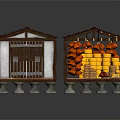 Wooden House Market Stall With Red Tile Roof Orange Fruits Yellow Stacks And Small Items