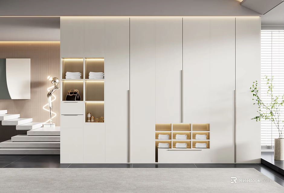 Modern White Wardrobe Interior Design With Built in Shelves And Lighting 3d model