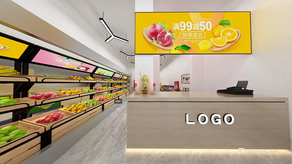 Fresh Fruit Store Interior With Colorful Displays And Promotion Featuring Pomegranates Lemons 3d model 