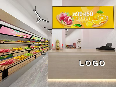 Fresh Fruit Store Interior With Colorful Displays And Promotion Featuring Pomegranates Lemons 3d model
