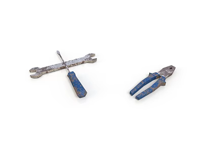 Practical Vintage Hand Tools Set With Blue Handles Wrench And Pliers 3d model