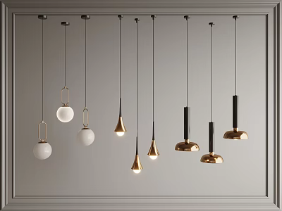 Modern Stylish Pendant Lights With Various White Gold Black Designs Hanging On Gray Wall 3d model