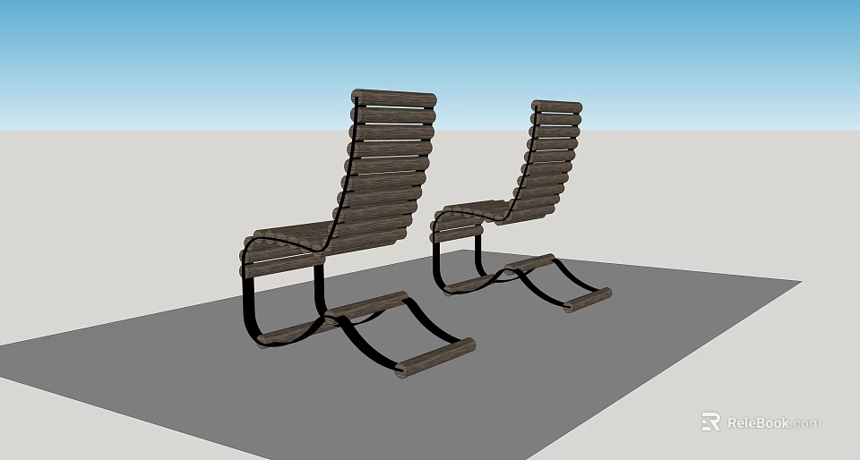 Two Wooden Striped Lounge Chairs with Metal Frame for Outdoor Use 3d model 