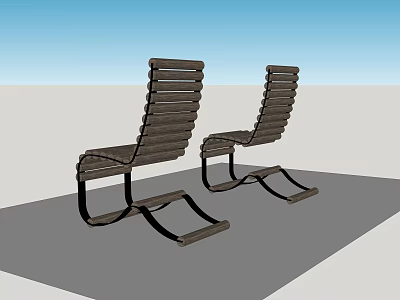 Two Wooden Striped Lounge Chairs with Metal Frame for Outdoor Use 3d model