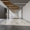 Modern Office Corridor With Wooden Ceiling Glass Skylights Gray Flooring And White Walls