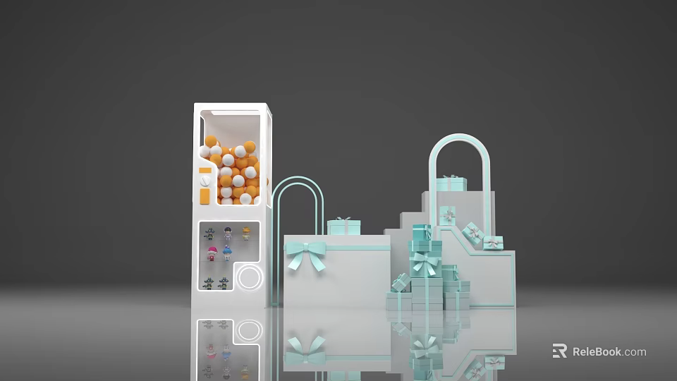 Transparent Display Cabinet With Orange Spheres Bottles And White Shopping Bags With Light Blue Bows 3d model 