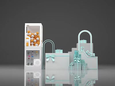 Transparent Display Cabinet With Orange Spheres Bottles And White Shopping Bags With Light Blue Bows 3d model