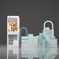 Transparent Display Cabinet With Orange Spheres Bottles And White Shopping Bags With Light Blue Bows