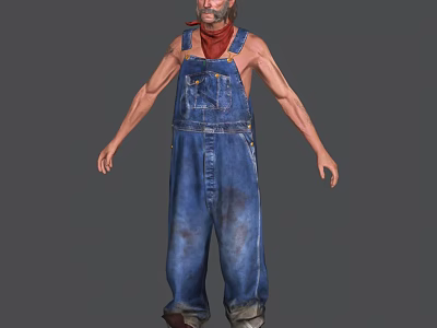 Man In Blue Denim Overalls With Distressed Details Standing Against Gray Background 3d model