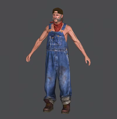 Man In Blue Denim Overalls With Distressed Details Standing Against Gray Background 3d model