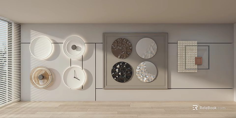 Wall Decor Featuring Circular Framed Art Pieces And Various Design Elements 3d model