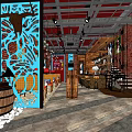 Bar Interior Featuring Red Brick Walls Blue Carved Partition Wooden Tables Wine Racks And Staircase