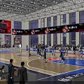 Modern Basketball Gymnasium with Live Game Players Spectators Bright Lighting and Court Seating