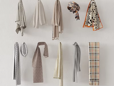 Various Scarves Display With Different Colors Patterns And Styles Hanging On Wall 3d model