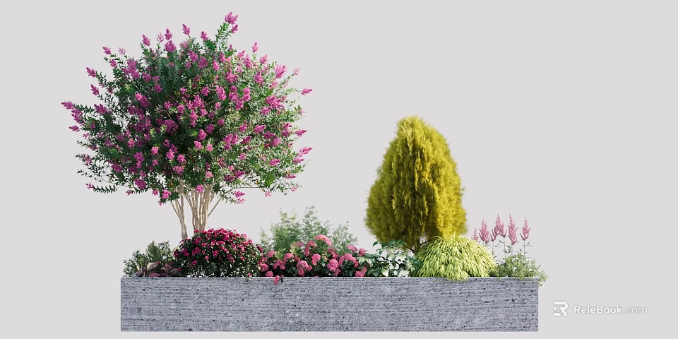 Garden Feature With Purple Flowering Tree Yellow Conical Shrub Pink Bushes And Gray Stone Wall 3d model 