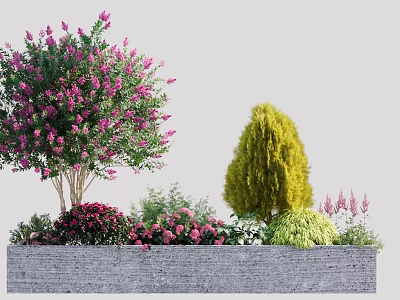 Garden Feature With Purple Flowering Tree Yellow Conical Shrub Pink Bushes And Gray Stone Wall 3d model