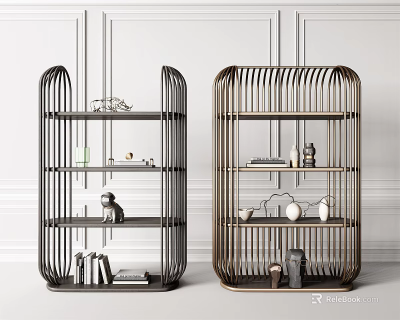 Modern Bookshelf Design With Metal Frame Layered Shelves Decorative Ornaments And Books 3d model 
