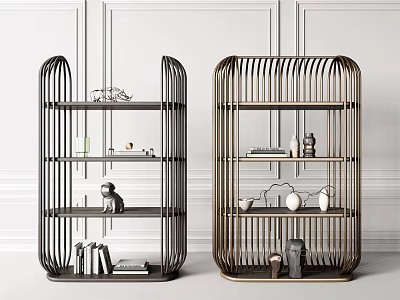 Modern Bookshelf Design With Metal Frame Layered Shelves Decorative Ornaments And Books 3d model