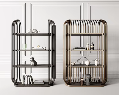 Modern Bookshelf Design With Metal Frame Layered Shelves Decorative Ornaments And Books 3d model